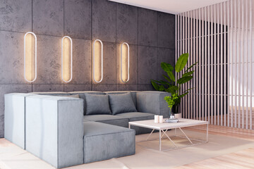 Chic living room with sectional gray sofa, stylish vertical blinds, and soft lighting from unique wall fixtures. 3D Rendering