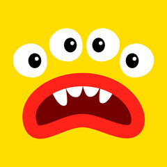Cute yellow monster face head banner. Happy Halloween. Square monsters. Spooky Smiling Boo angry sad face emotion. Four eyes, teeth fang, mouse, lips. Flat design. Baby kids background. Vector