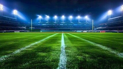 Brightly lit baseball field at outdoor stadium with shallow depth of field. Concept Outdoor Photography, Sports, Stadium Lighting, Baseball Field, Shallow Depth of Field