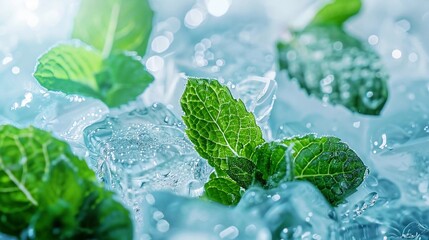 green peppermint leaves in ice cubes, light background, closeup image