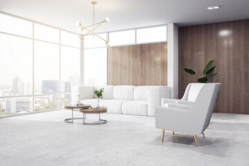 Stylish living room interior with panoramic windows offering urban skyline views, elegant white furniture, and wooden accents. 3D Rendering