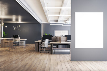 Bright office space with concrete elements and mockup poster for a modern look. 3D Rendering