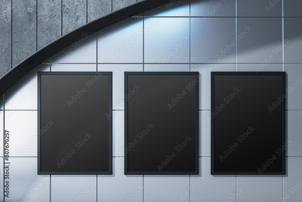 Poster modern underground interior with empty black mock up posters on tile wall. 3d rendering.