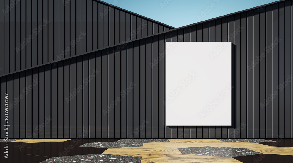 Poster abstract dark exterior with empty mock up banner on wall and blue sky background. 3d rendering.