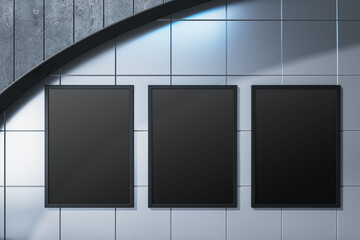 Modern underground interior with empty black mock up posters on tile wall. 3D Rendering.