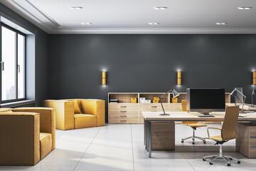 Clean wooden and gray coworking office interior with window and city view. Workplace concept. 3D Rendering.