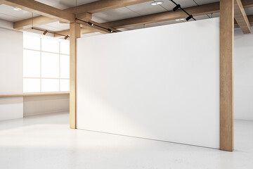 A large blank white poster on a wall in a modern exhibition space, illuminated by natural window light, 3D Rendering
