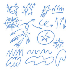 Hand drawn stars and arrows in Electric blue and Azure on white background