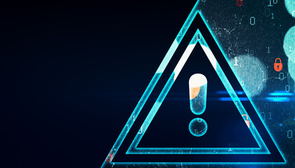 A digital artwork of a glowing blue exclamation mark inside a triangle with a capsule, on a dark binary code background, concept of cyber security. 3D Rendering