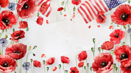 Red poppies and an American flag as a frame, memorial day background