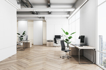 Modern office interior with wooden desks, computers, and a city view, light background, concept of workplace. 3D Rendering