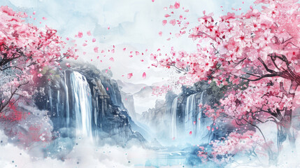 Watercolor painting of a waterfall with sakura cherry blossoms in spring, peaceful background