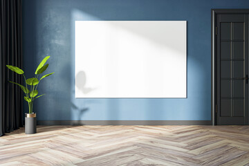 Modern interior with a blank white poster frame, a plant, and a dark door, on a blue wall, concept of home decor. 3D Rendering