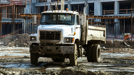 A white utility truck on a construction site