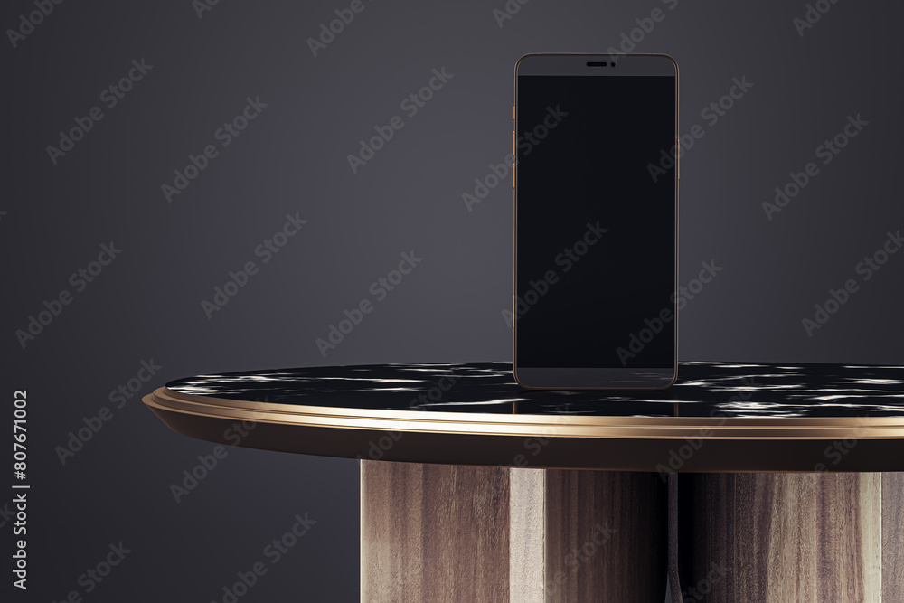 Aufkleber Empty wooden table with empty mock up smartphone on black background. 3D Rendering.