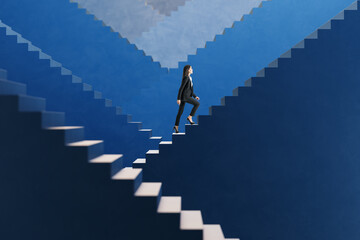 Side view happy young businesswoman walking on various blue success stairs on light background....
