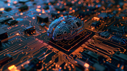 An illustration of a brain made of metal and wires on a circuit board. The brain is glowing and there are binary numbers flowing around it.