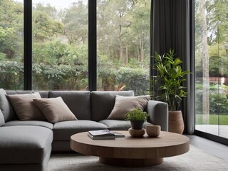 a modern living room with large windows offering a nature view, characterized by a minimalist design and neutral colors