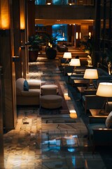 An intimate empty hotel lobby with intimate seating nooks and dimmed lighting, offering a cozy retreat from the outside world, Generative AI