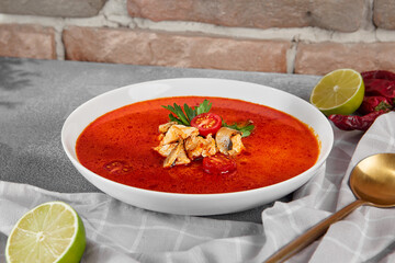 Traditional thai soup tom yam with chicken meat on concrete background. Aesthetic composition with...