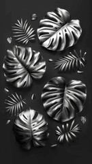 A black and white photo of leaves and flowers with a silver tint