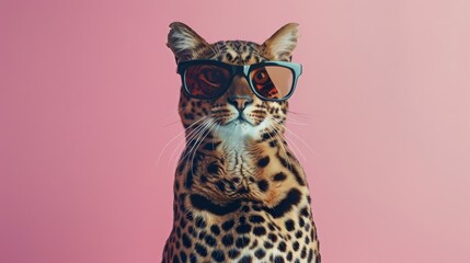 Fototapeta premium A stylish leopard wearing glasses on pink background. Animal wearing sunglasses