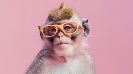 Fototapeta premium A stylish monkey wearing glasses on pink background. Animal wearing sunglasses