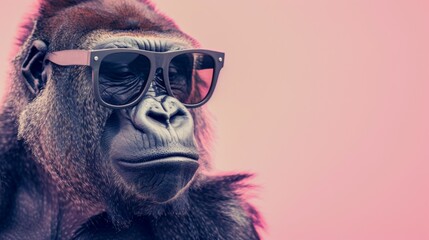 Fototapeta premium A stylish gorilla wearing glasses on pink background. Animal wearing sunglasses
