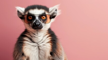 Fototapeta premium A stylish lemur wearing glasses on pink background. Animal wearing sunglasses