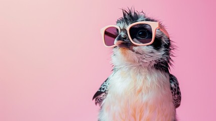 Fototapeta premium A stylish nird wearing glasses on pink background. Animal wearing sunglasses