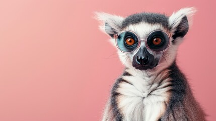Naklejka premium A stylish lemur wearing glasses on pink background. Animal wearing sunglasses