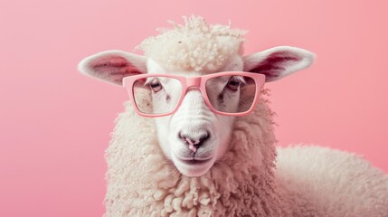 Fototapeta premium A stylish sheep wearing glasses on pink background. Animal wearing sunglasses