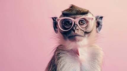 Fototapeta premium A stylish monkey wearing glasses on pink background. Animal wearing sunglasses