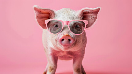 Fototapeta premium A stylish pig wearing glasses on pink background. Animal wearing sunglasses