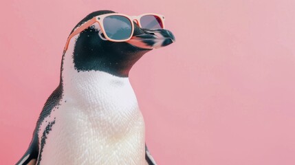 Fototapeta premium A stylish penguin wearing glasses on pink background. Animal wearing sunglasses