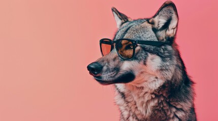 Fototapeta premium A stylish wolf wearing glasses on pink background. Animal wearing sunglasses