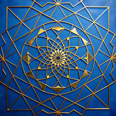 a blue and gold geometric design with a blue background