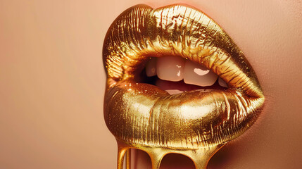 Enhance the image of golden lips with realistic details and textures, and add a subtle hint of...