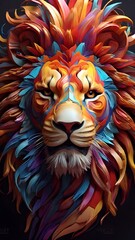 3D vector rainbow colored, wavy fractal neon Lion head.