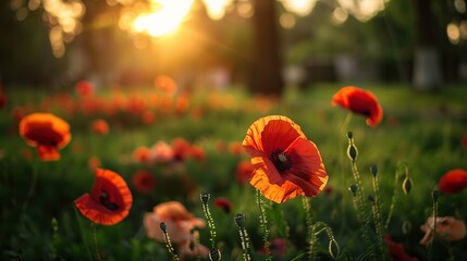 Obraz premium Beautiful poppies in the meadow at sunset. Nature background
