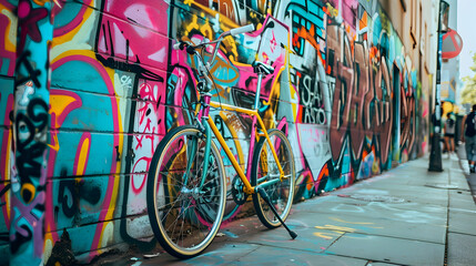 colorful fixie bike leaning against a graffiti-covered wall