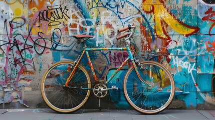 colorful fixie bike leaning against a graffiti-covered wall