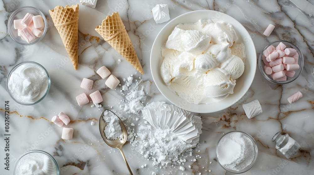 Poster ice cream ingredients view from above on a marble background ice cream in a bowl ice cream cones spo