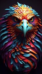 3D vector rainbow colored, wavy fractal neon eagle head.