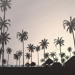 Silhouetted coconut palm trees at the beach with vanilla sky square background vector illustration. Summer traveling and party at the beach concept flat design with blank space.