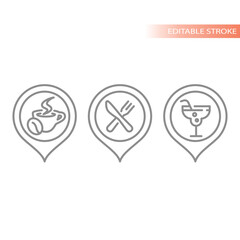 Cafe, restaurant and bar vector icon set. Coffee shop, food and drink location map pin icons.
