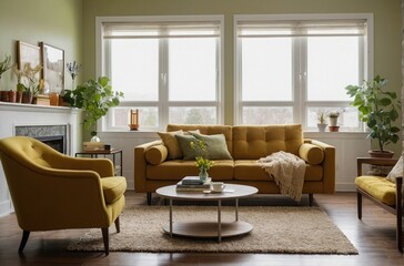 Fototapeta premium Cozy Living Room with Earthy Neutral Tones Modern Decor and Natural Light, beige and dark atmosphere