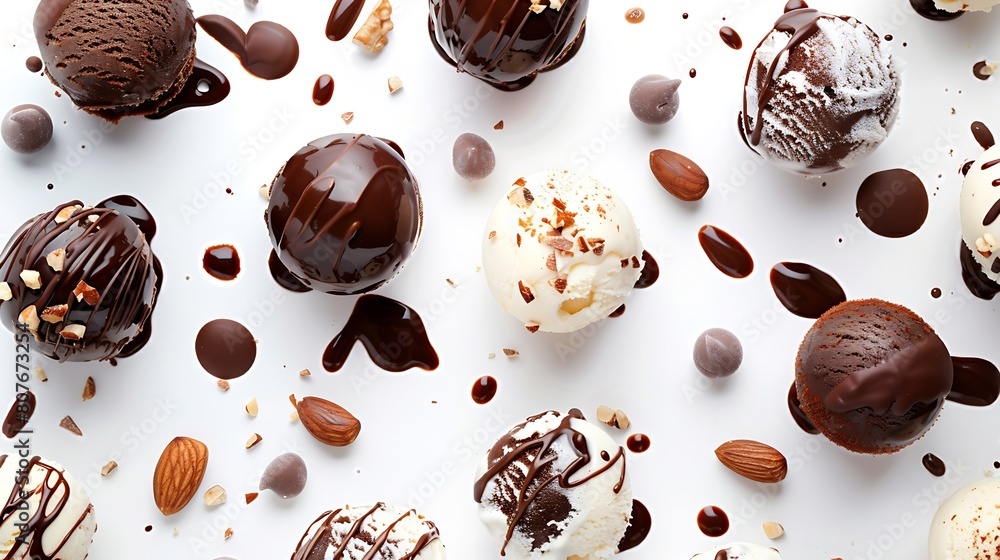 Poster various ice cream balls with chocolate sauce and nuts isolated on white background top view : genera