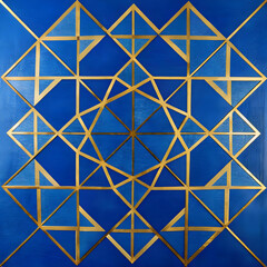 a blue and gold geometric design with a blue background