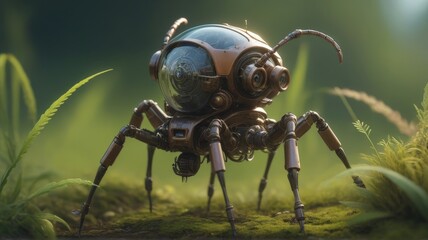 Plastic toy robot on green moss background. 3d rendering.